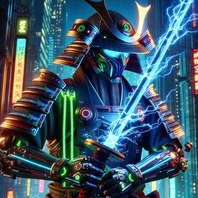 The primary subject of the image is a person dressed in a futuristic outfit, holding a sword. The setting is a cityscape with neon lights, creating a vibrant and futuristic atmosphere. The visual style is a combination of digital art and illustration, with the person's outfit and the sword appearing to be digitally rendered. The colors and mood are predominantly neon and futuristic, with a sense of excitement and adventure.